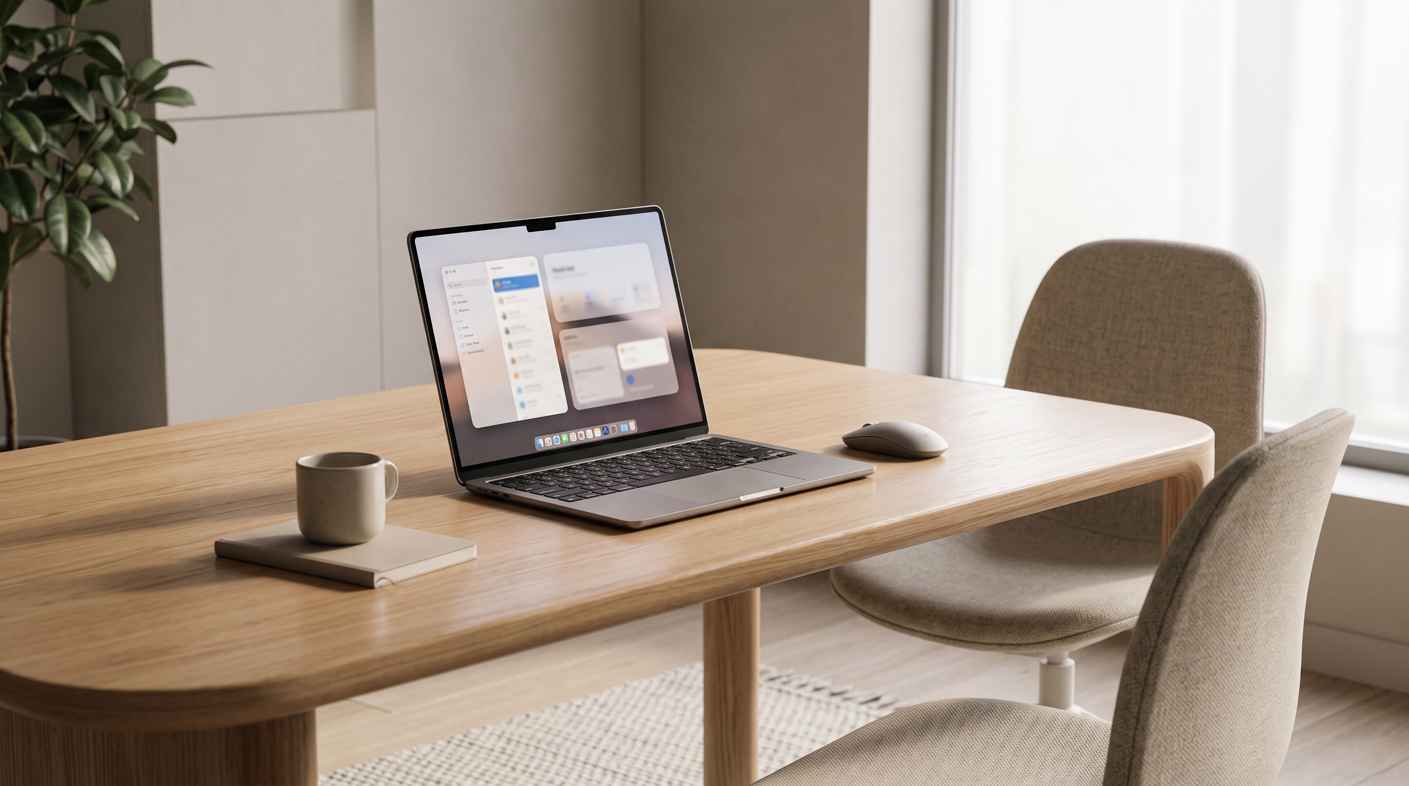 Espacio de trabajo minimalista con un portátil abierto, que simboliza la nueva calidad y el rediseño de las aplicaciones en el ecosistema Tree.