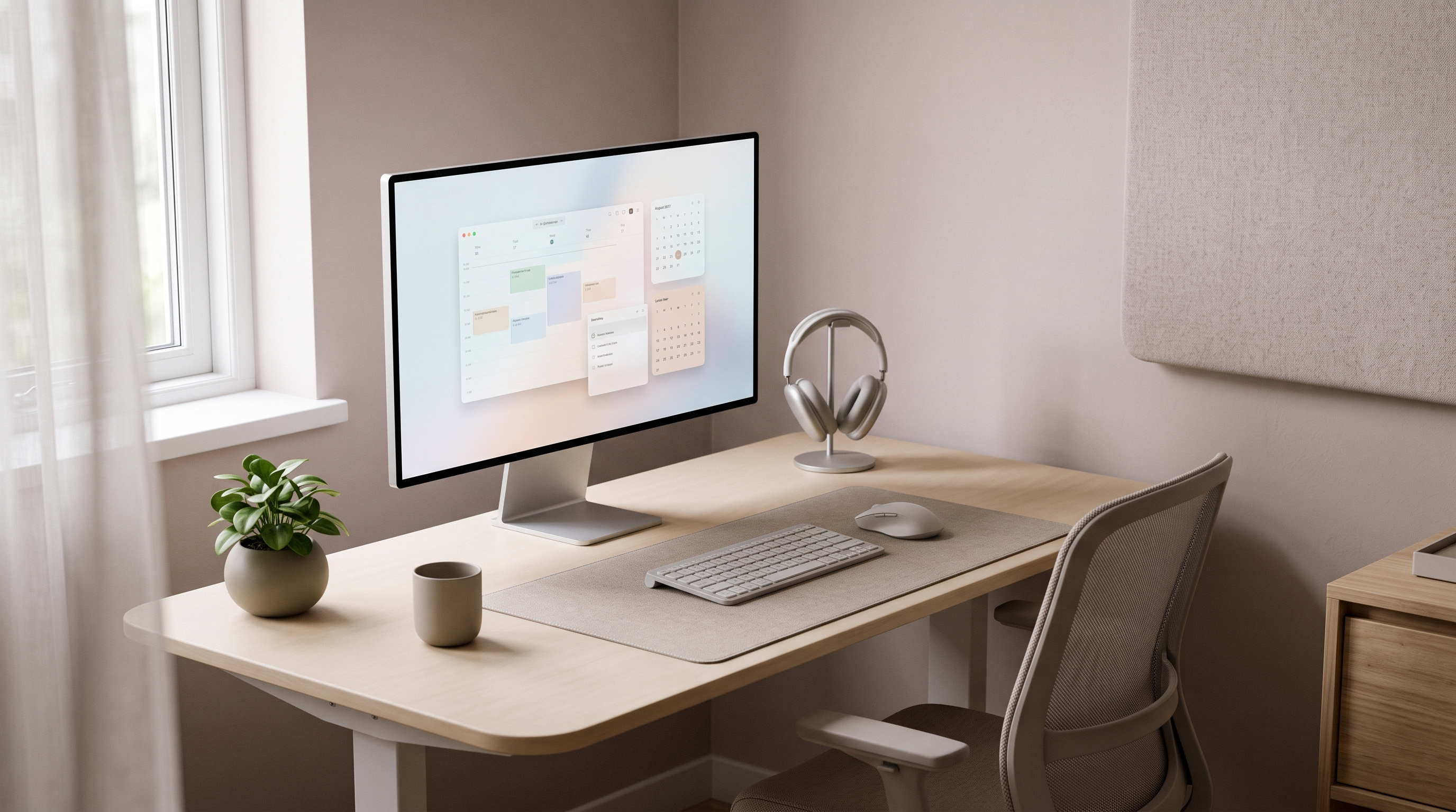 Minimalistyczne stanowisko pracy z interfejsem kalendarza Beauty Booking na ekranie, odzwierciedlające uporządkowany ekosystem Tree.