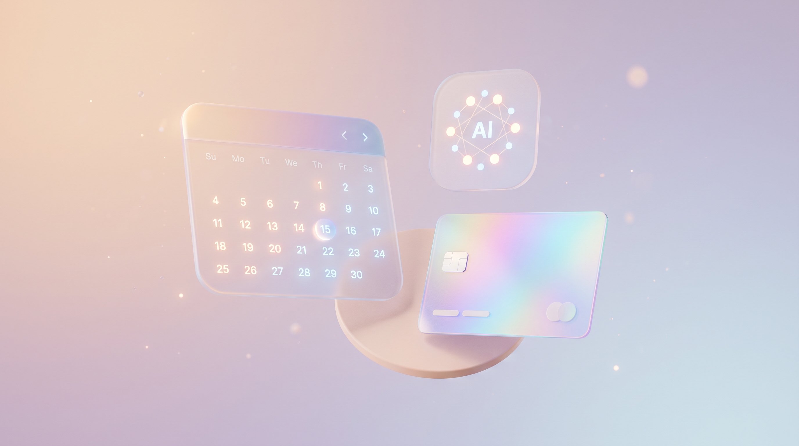Visualización minimalista de una interfaz con iconos de calendario, inteligencia artificial y pagos, reflejando el futuro del ecosistema Tree.